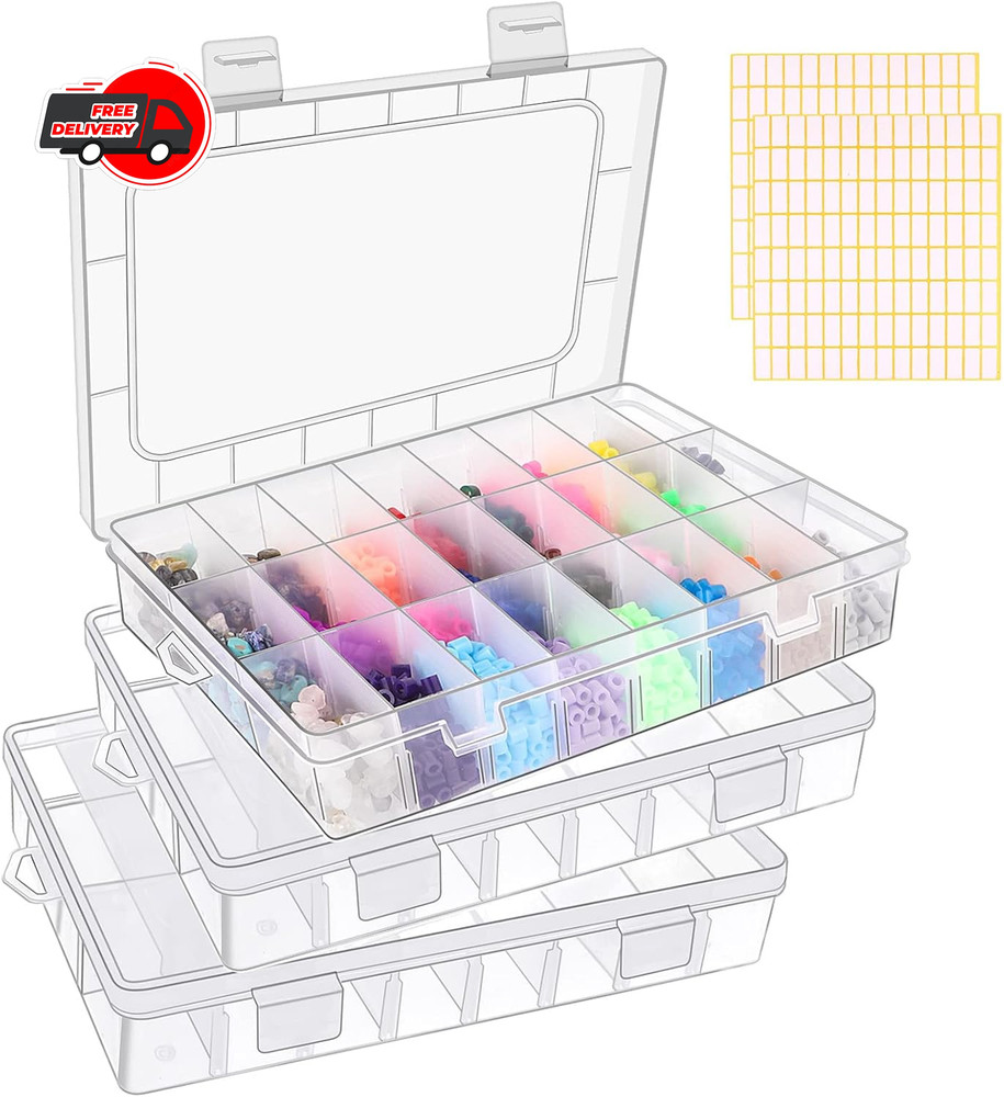 3 Pack 24 Grids Clear Plastic Storage Container With Adjustable Divider, Craft a