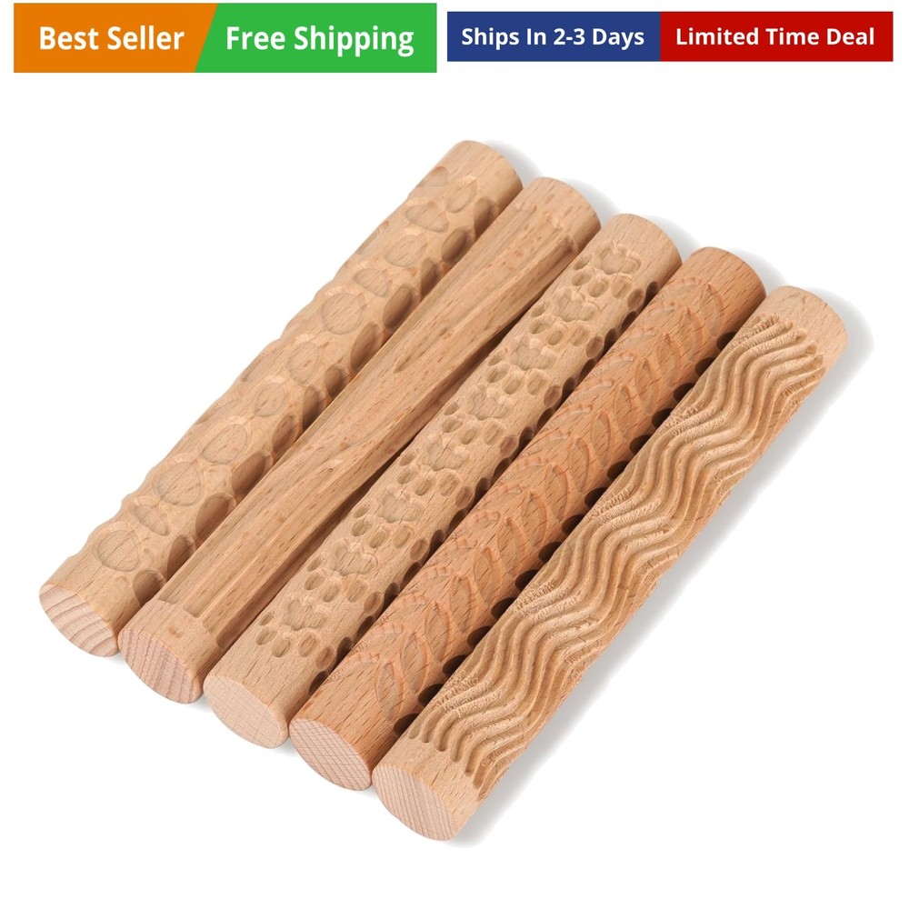 Set of 5 Wooden Handle Pottery Tools Clay Modeling Pattern Rollers Kit Brown ...