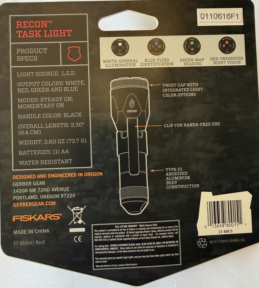 Gerber Recon Task Light Military Flashlight Small Multi-color Light NEW