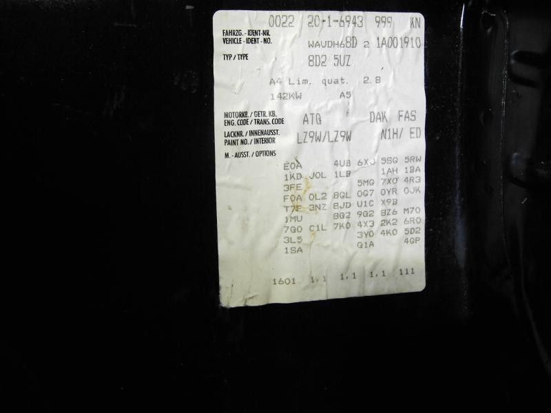 2001 Audi A4 Engine ECM Electronic Control Module 2.8L Engine ID Atq