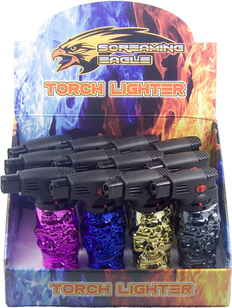 5 Pack 4.3" Jet Torch Gun Lighter Refillable Lockable Adjustable Engraved Skull