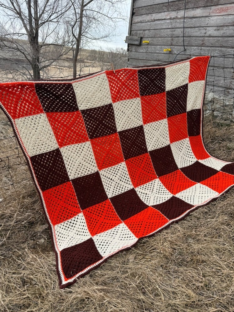 Vintage 1970s Crochet Patchwork Afghan Throw Boho Retro