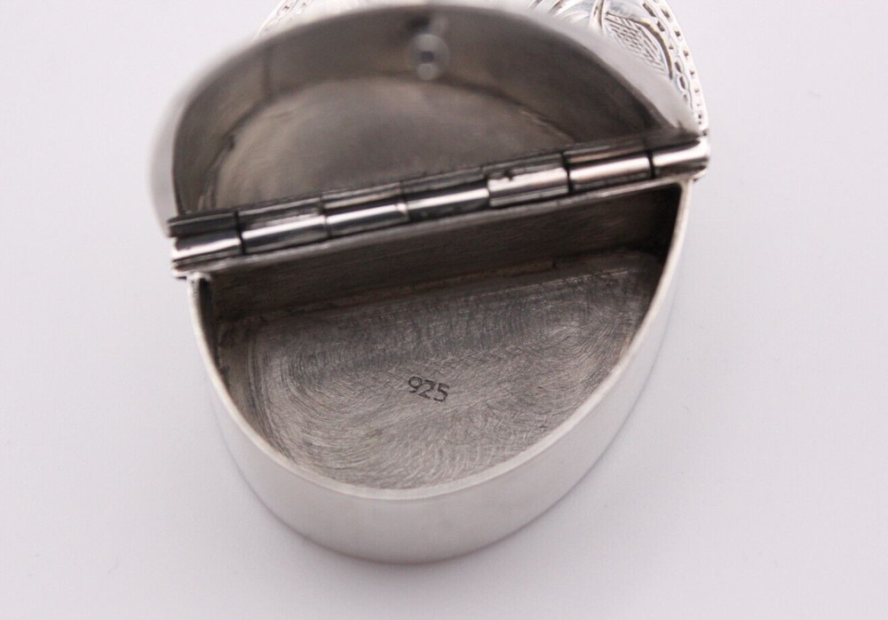 Sterling Silver Pill Box Double Opening , Engraved ,Oval 3.8 cm long