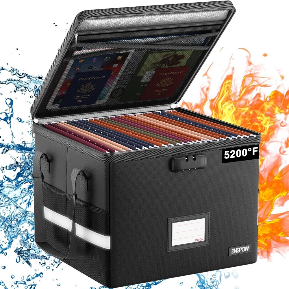 Lockable Fireproof File Box with Mesh Pockets - Protect Documents & Valuables