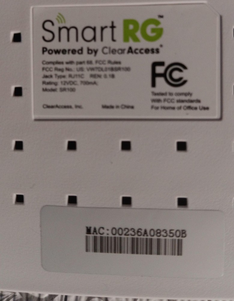 Smart RG SR100 Clear Access Router With Power Adapter