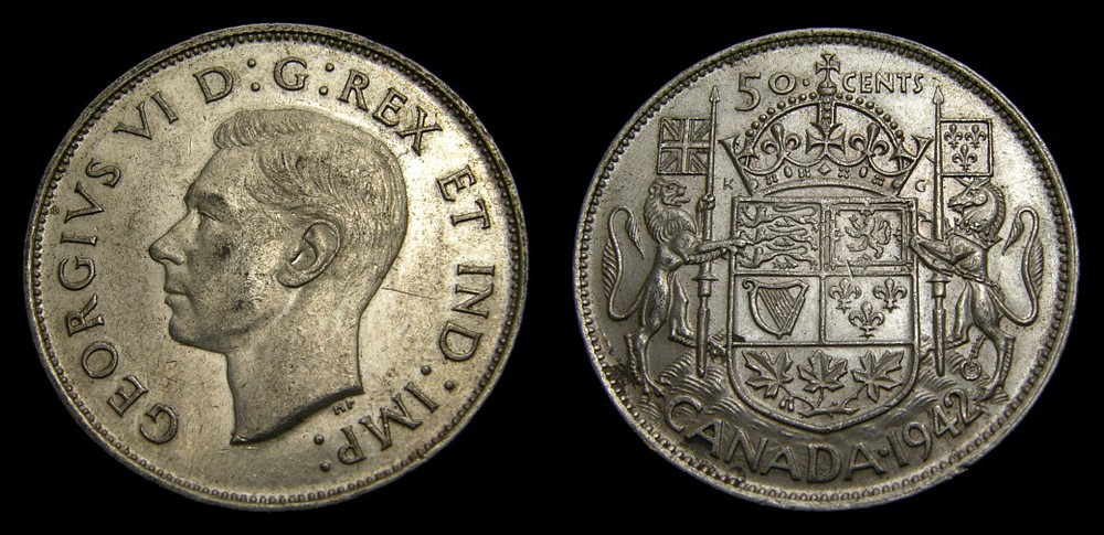 Canada 1942 50 Cents Error Massive Die Breaks VF-35