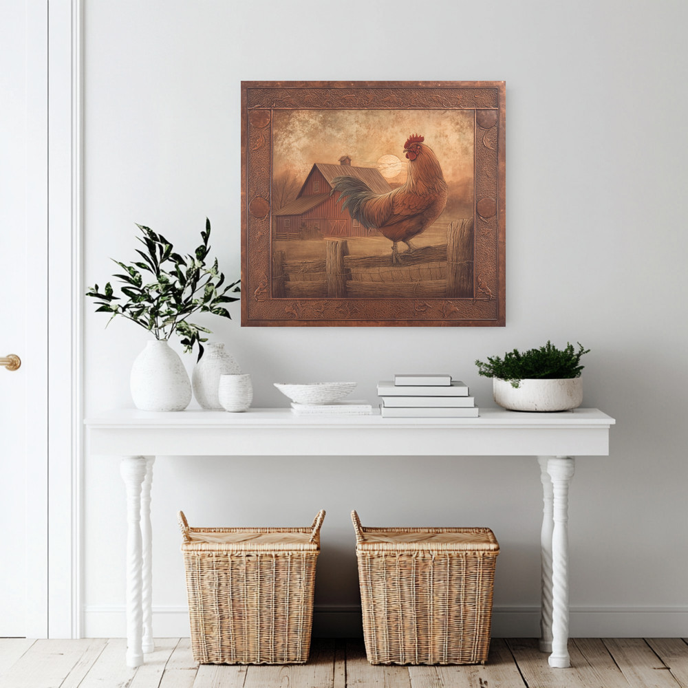 Copper Embossed Look Mediterranean Rooster Glass Backsplash • Rustic Kitchen