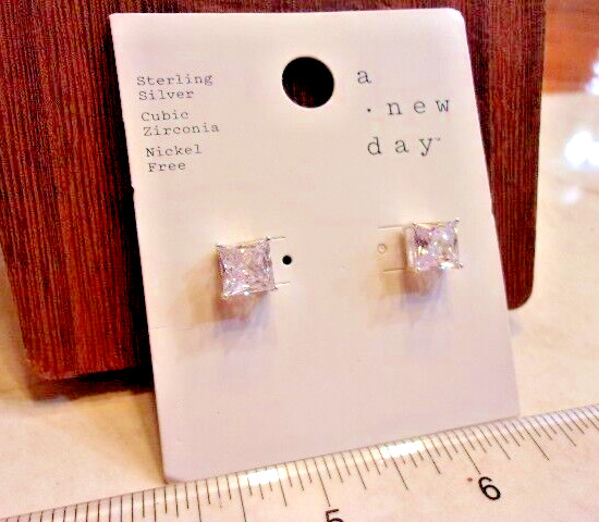 Sterling 925 CZ Square Stud Earrings- New