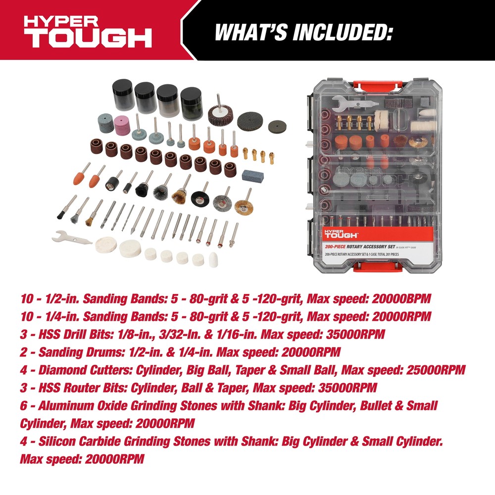 ROTARY TOOL ACCESSORY KIT 200-Piece Sanding Bands Felt Wheels Drill Bits w/Case