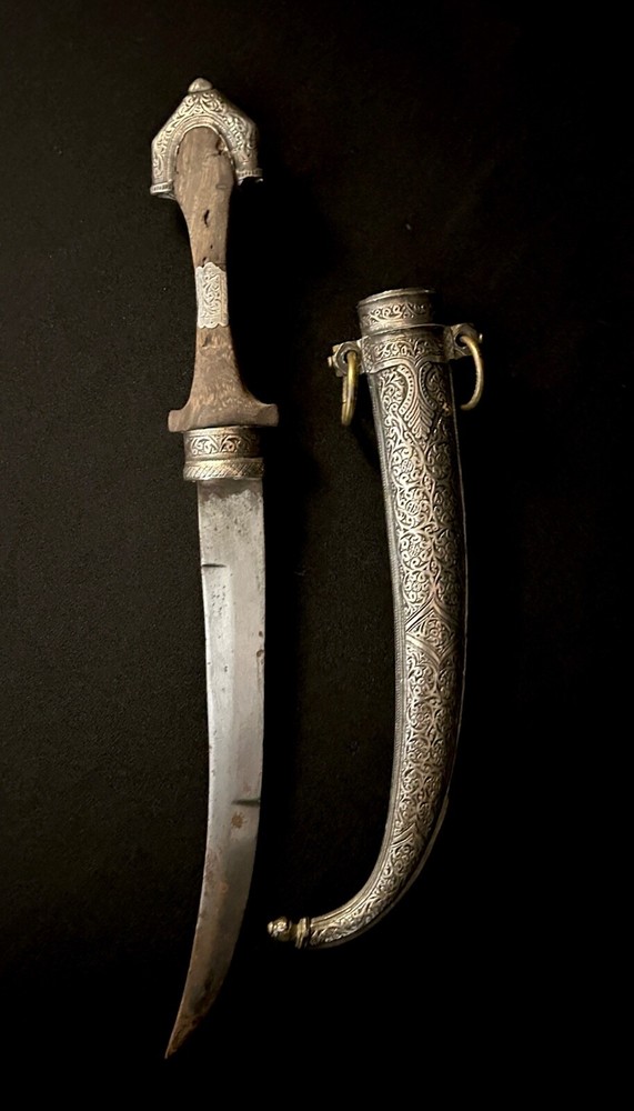 Antique Kris Knife w/ Silver Overlay, Wood Handle & Sheath 15" Long