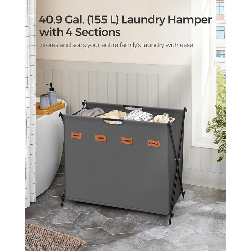 Portable Folding Laundry Hamper 4 Section Sorter Durable Oxford Fabric W/ Labels