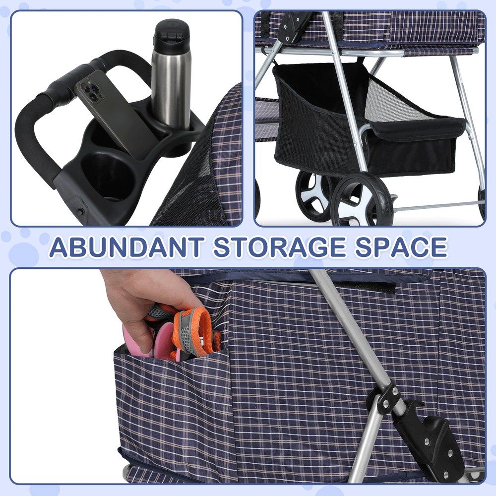 4 Wheels Pet Stroller Foldable Cat Cage Puppy Stroller Storage Basket+Cup Holder