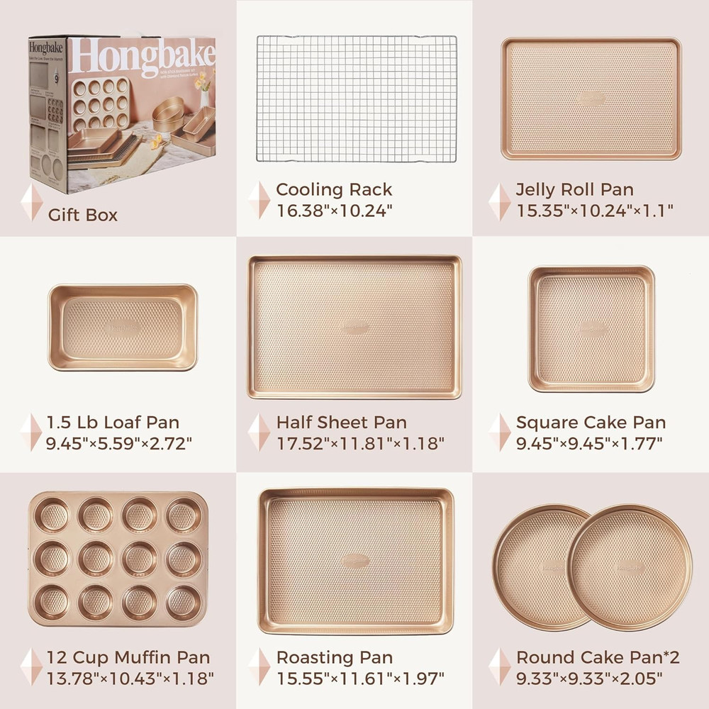 HONGBAKE 9-Piece Baking Pans Set Nonstick, Stackable Non Toxic Bakeware Sets wit