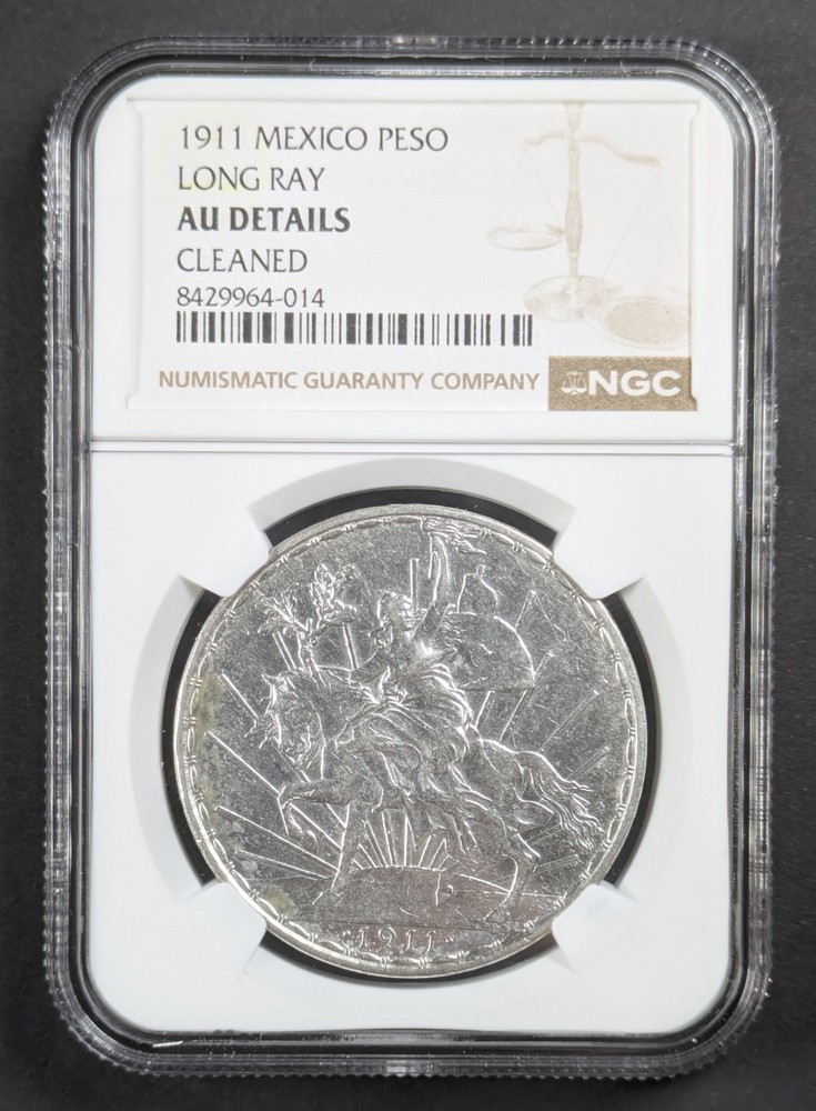 1911 Mexico Silver Peso Long Ray NGC AU Details Cleaned