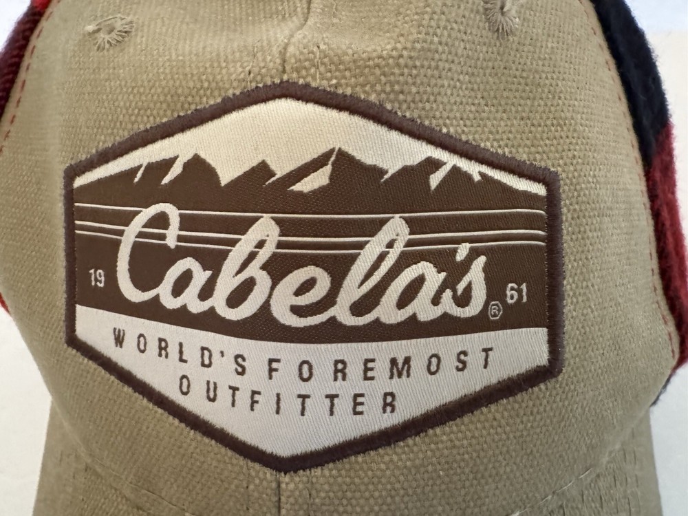 Cabelas Cap Buffalo Plaid Hat Tan Patch Red Black Flannel SnapBack 6 Panel Crown