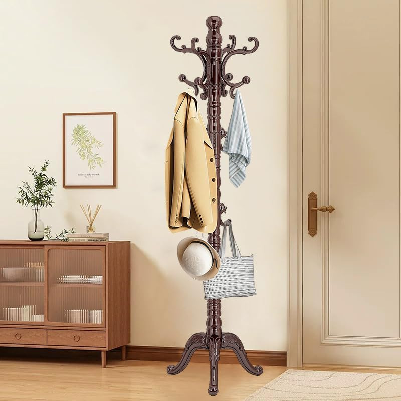 Coat Rack Wooden Classic Solid Freestanding with 14 Hooks Vintage Racks Sturdy