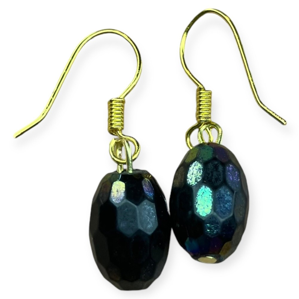 Black Green Bead AB Disco Gold Tone Dainty Small Dangle 1.25" Earrings