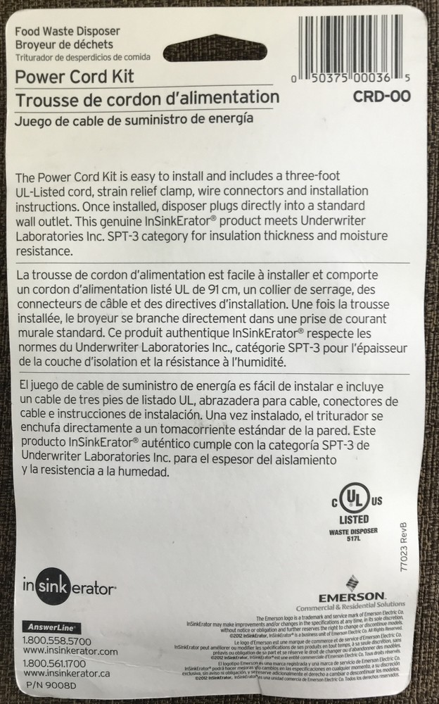 InSinkErator CRD-00 Power Cord Accessory Kit New unopened