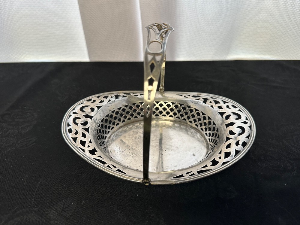 ANTIQUE Dixon & Sons (?) Sterling Silver Pierced Side Basket w/ Swing Handle