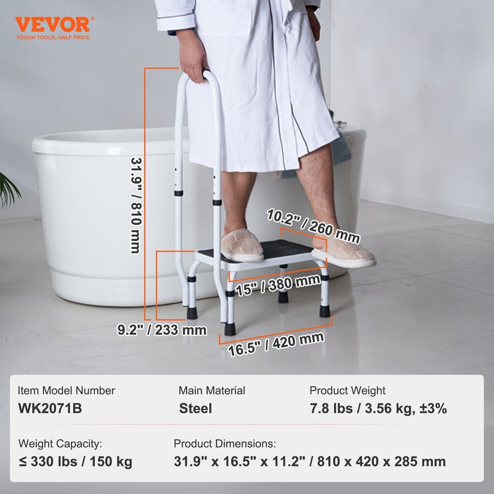 VEVOR Step Stool 1-Step 330lbs Capacity,3 Adjustable Height w/Handle Steel Step