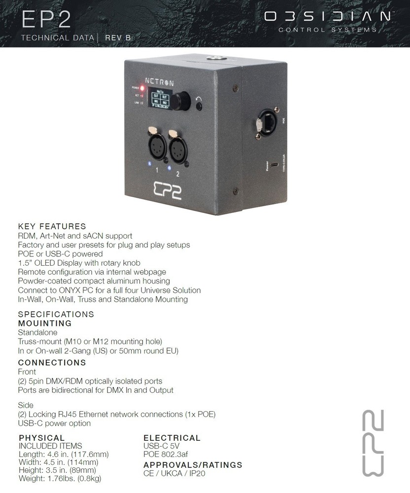 Obsidian Control Systems Netron EP2 - Compact Ethernet to DMX Gateway