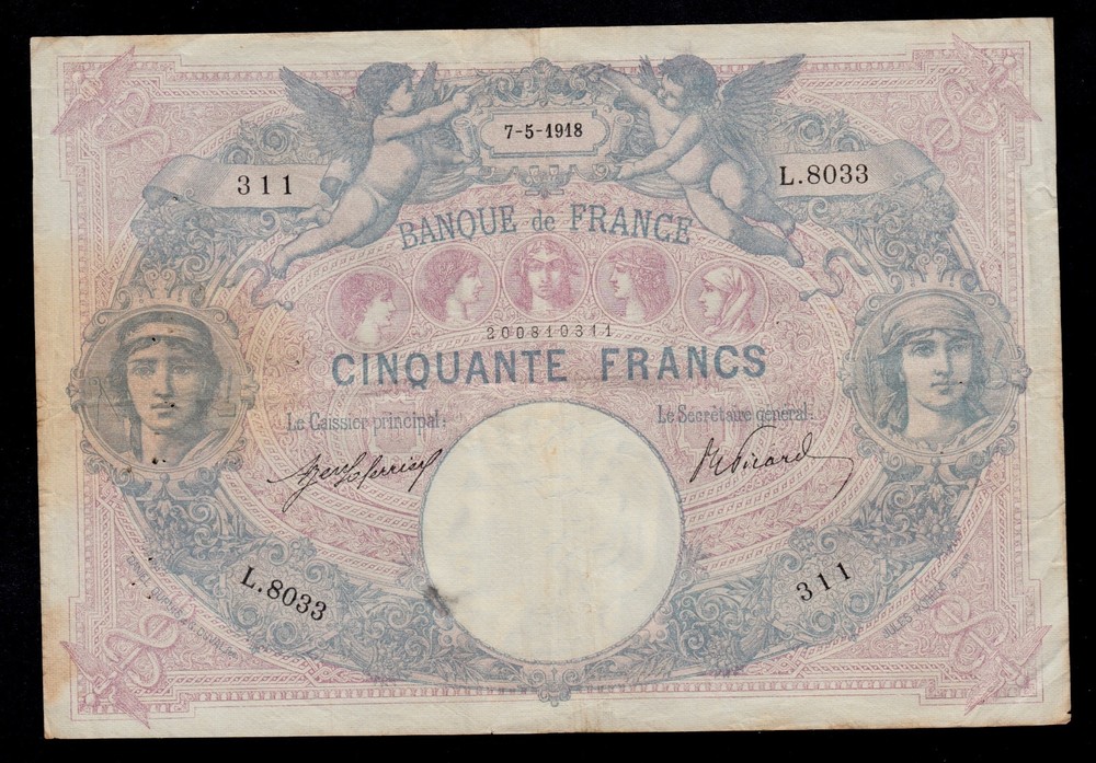 FRANCE 50  FRANCS  1918  PICK # 64e  VF.