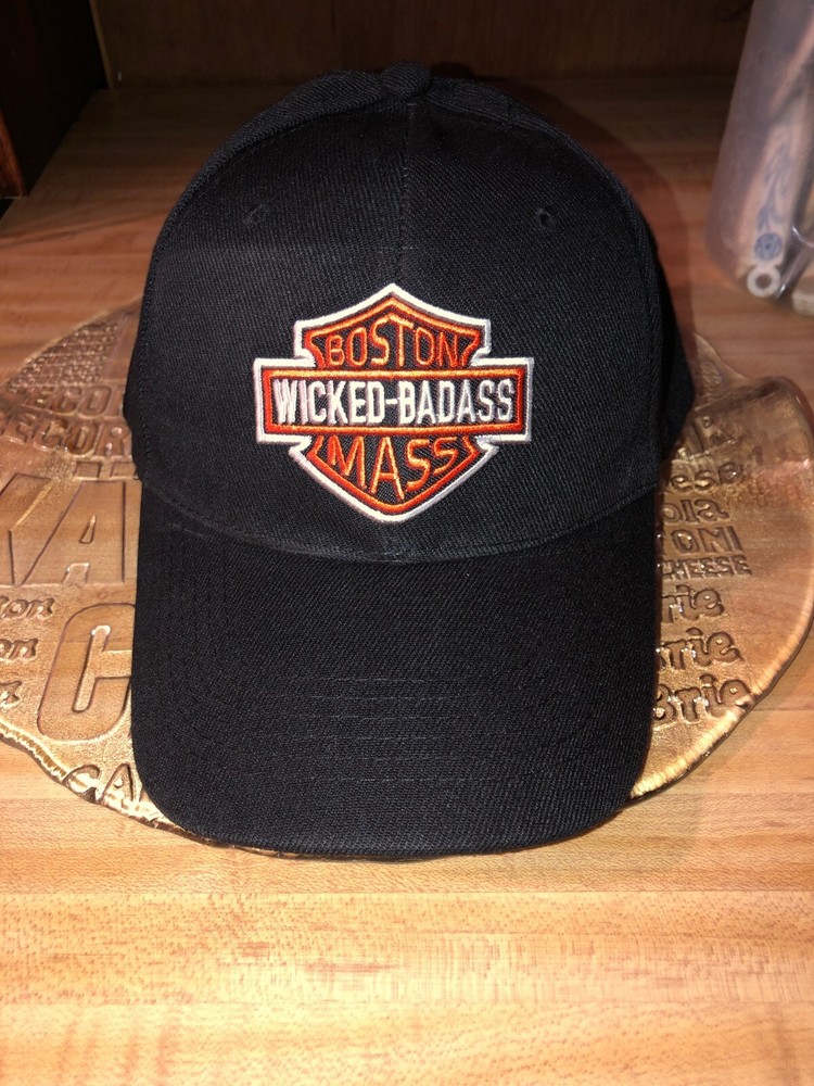 HARLEY BOSTON WICKED BADASS   BASEBALL HAT BLACK EMBROIDERED PATCH on CAP