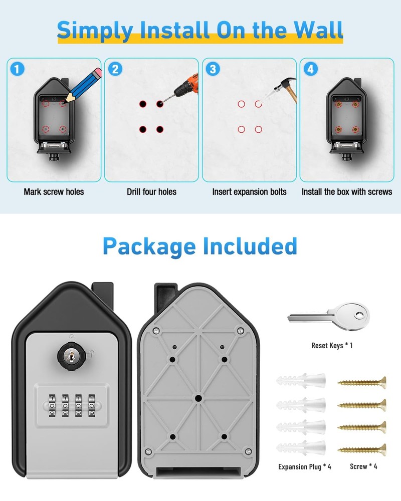 Wall Mounted Lock Box, Large Key Lock Box with Key, 4-Digit Combination Lock,...