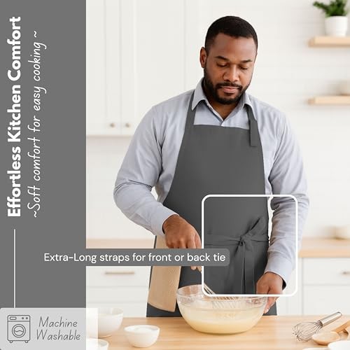 Kitchen Apron 2 Pack - 100% Cotton Adjustable, Durable Apron with Grey