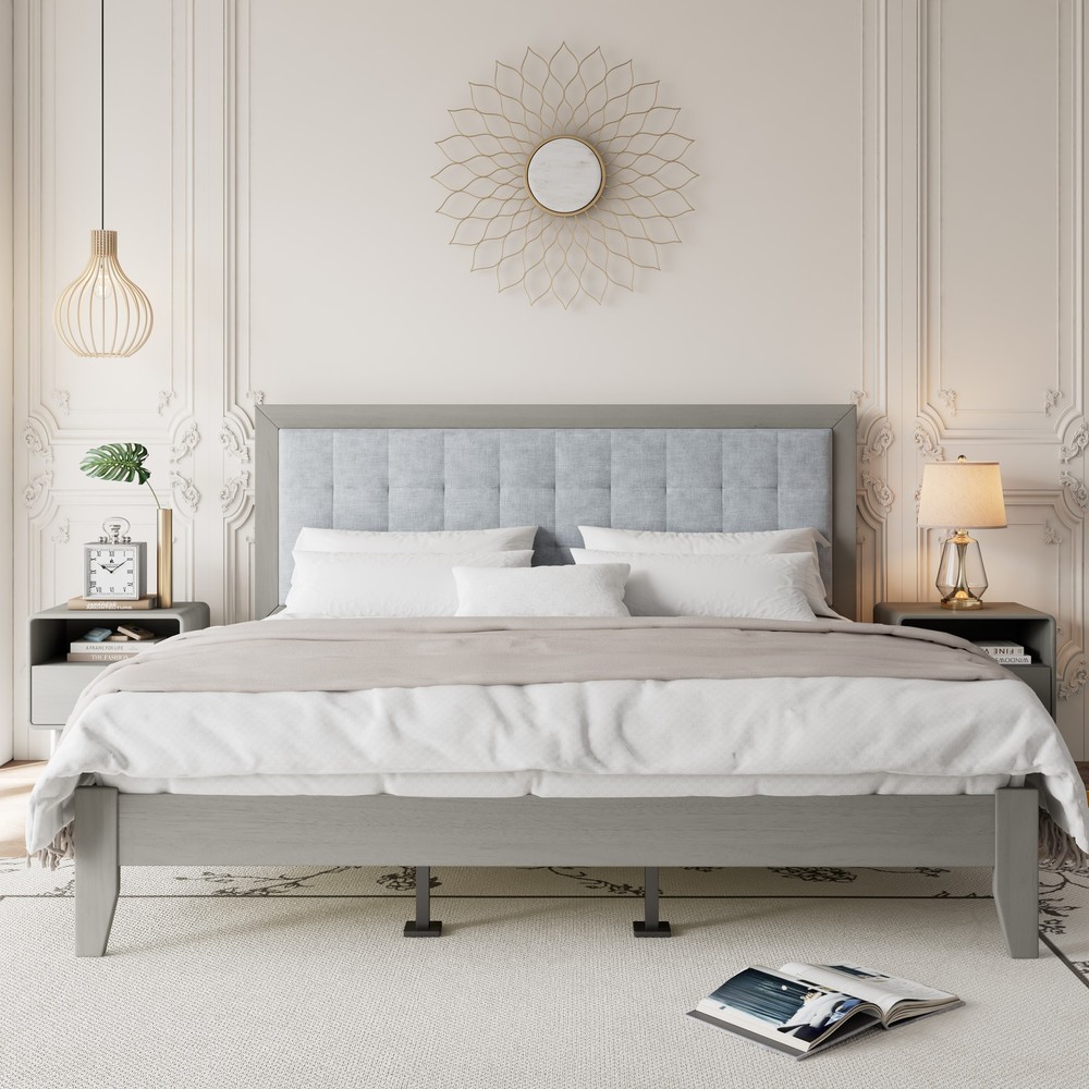 California King Bed Frame Solid Wood Upholstered Panel Headboard Gray