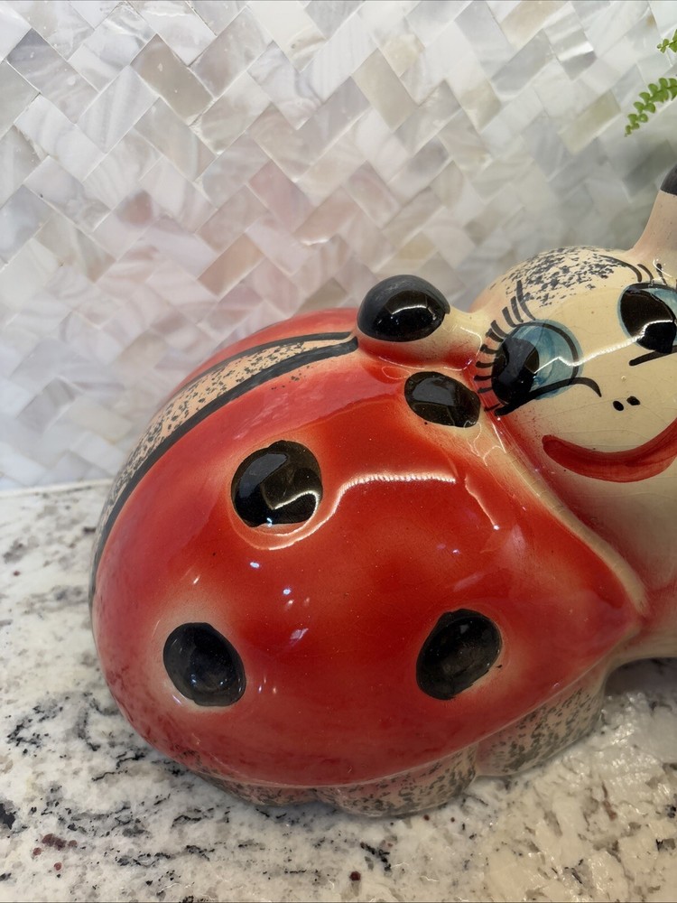 vintage kitschy ceramic handpainted ladybug planter anthropomorphic Plants