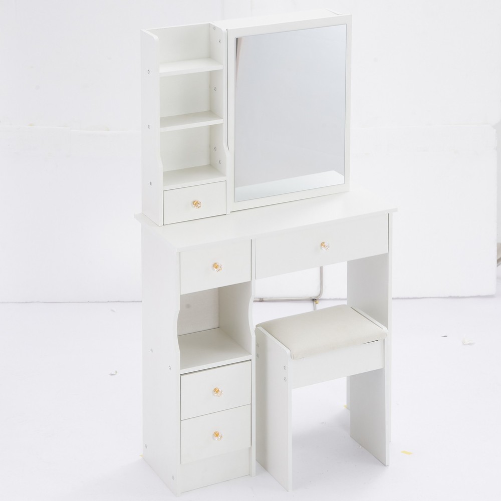 29.2" Small Space Left Drawer Desktop Vanity Table + Cushioned Stool, Extra Larg