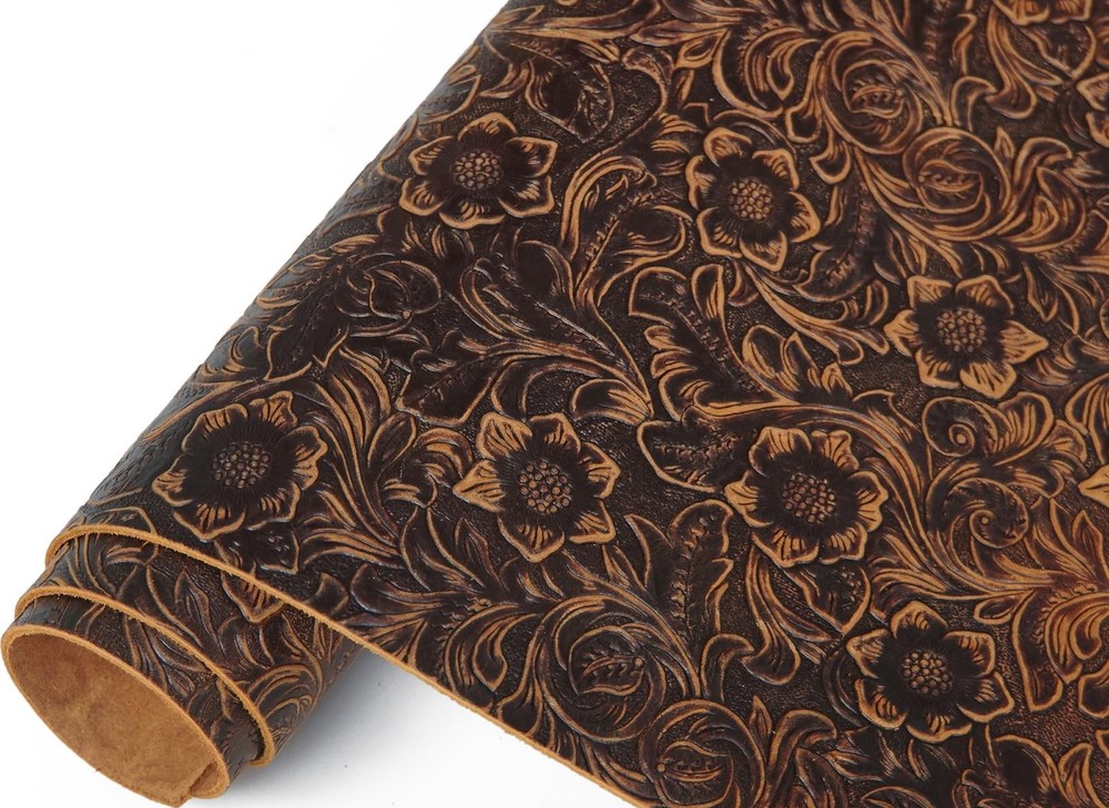 Genuine Leather Sheet Plain Geometric Pattern Printed Leather Dark Brown 12"x24"