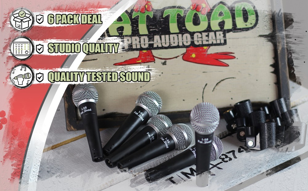 Professional Cardioid Dynamic Vocal Microphones & Clips (6 Pack) by FAT TOAD