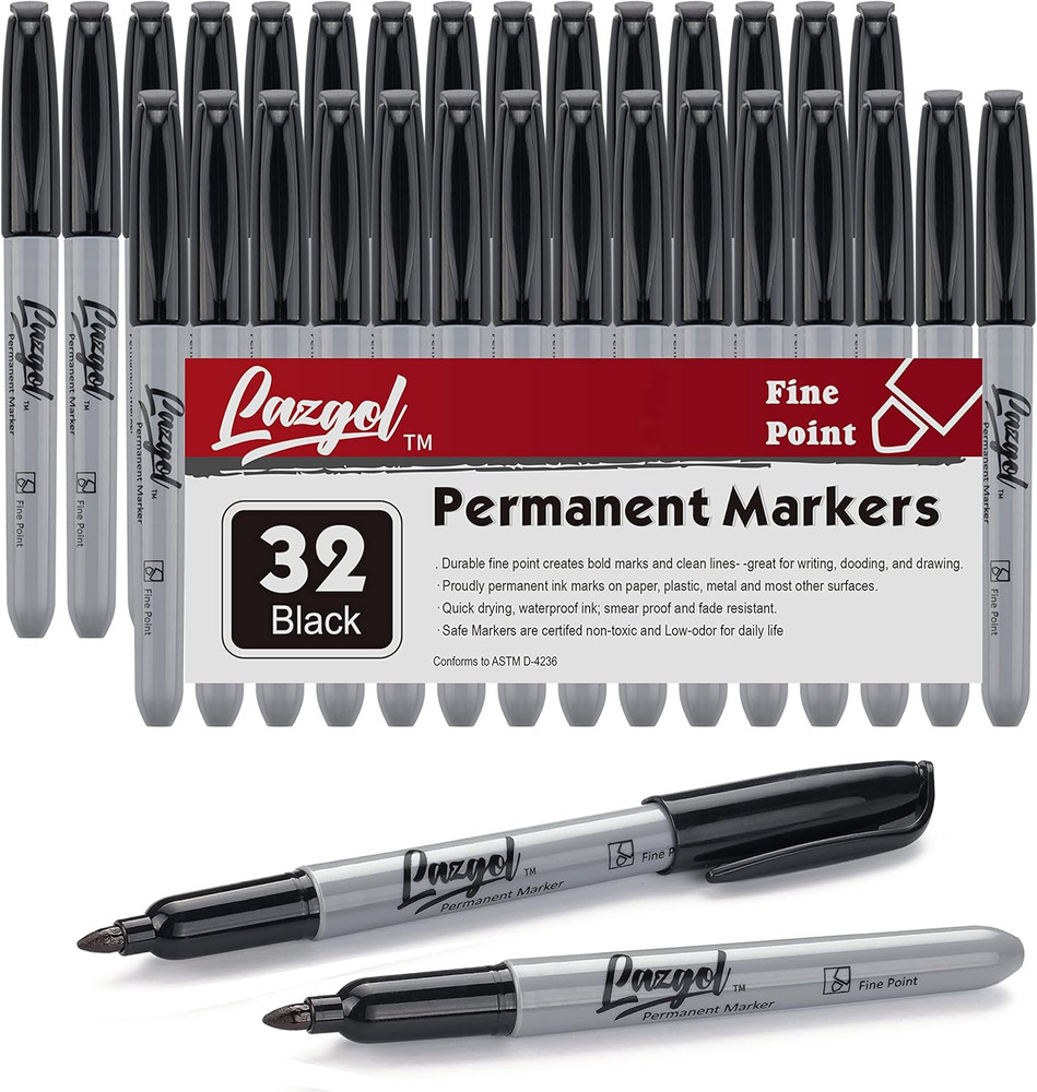 Permanent Markers Bulk, 32 Pack Black Permanent Marker Set, Fine Tip, Waterproof