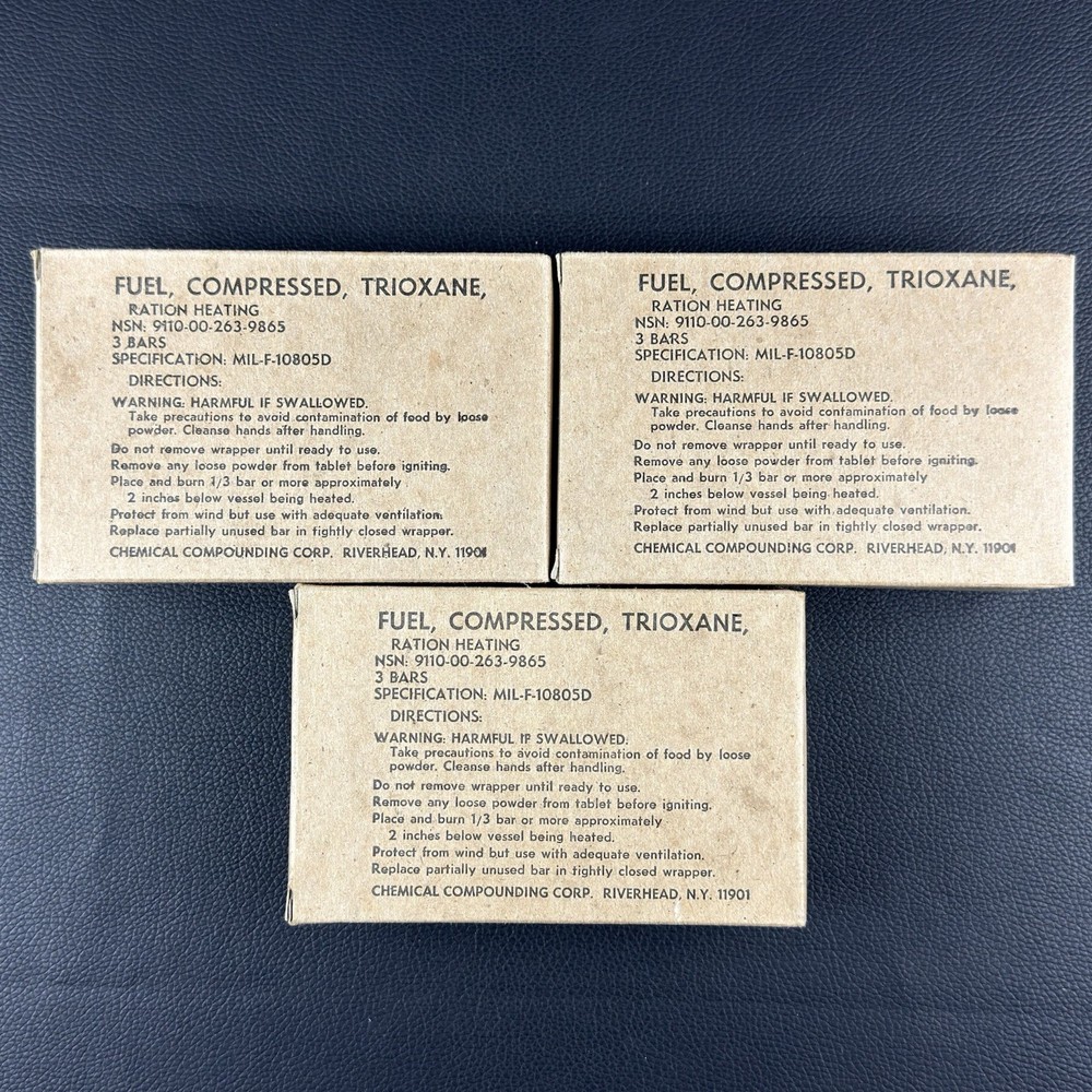 Military Ration Heating Trioxane Fuel Bars 3 Boxes (9 Bars Total) MIL-F-10805D