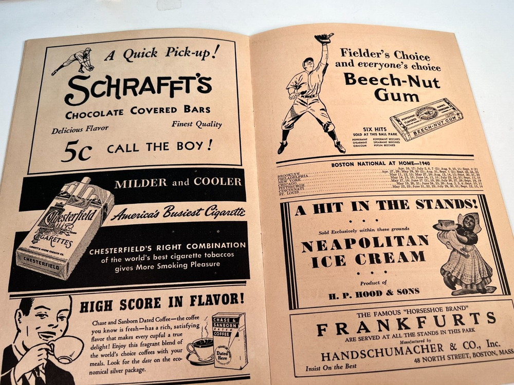 1940 Boston Braves Baseball Program vs Reds Unscored HIGH GRADE🔥