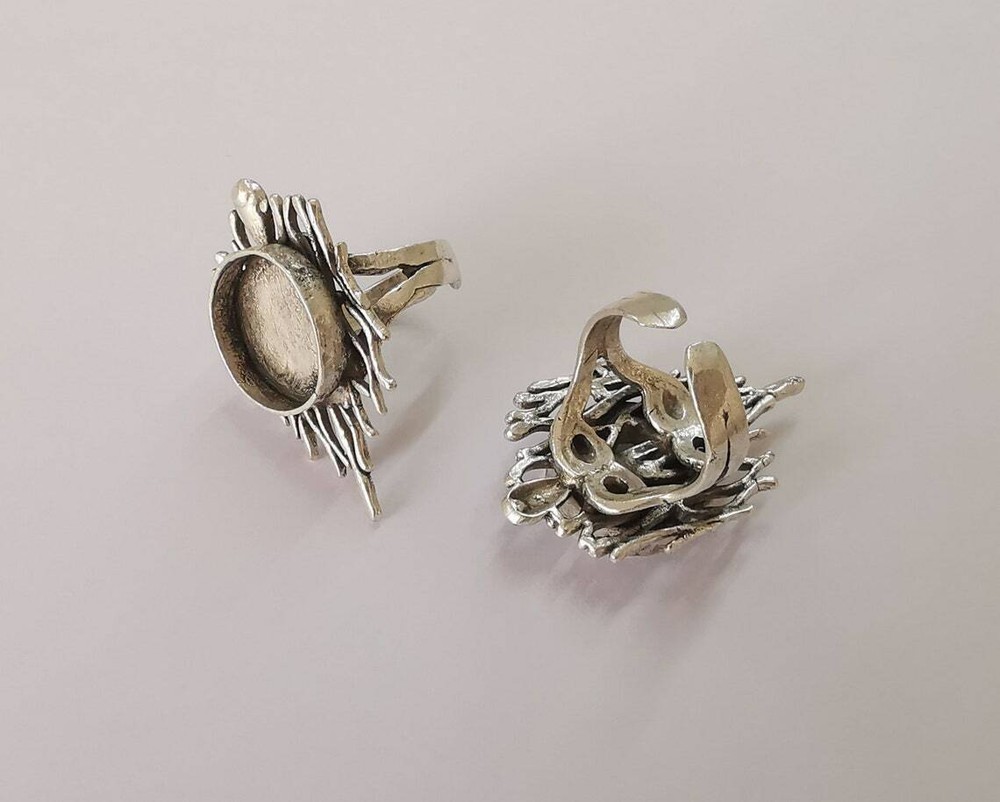 Branches Nest Round Ring Blank Base Antique Silver Plated Brass G25830