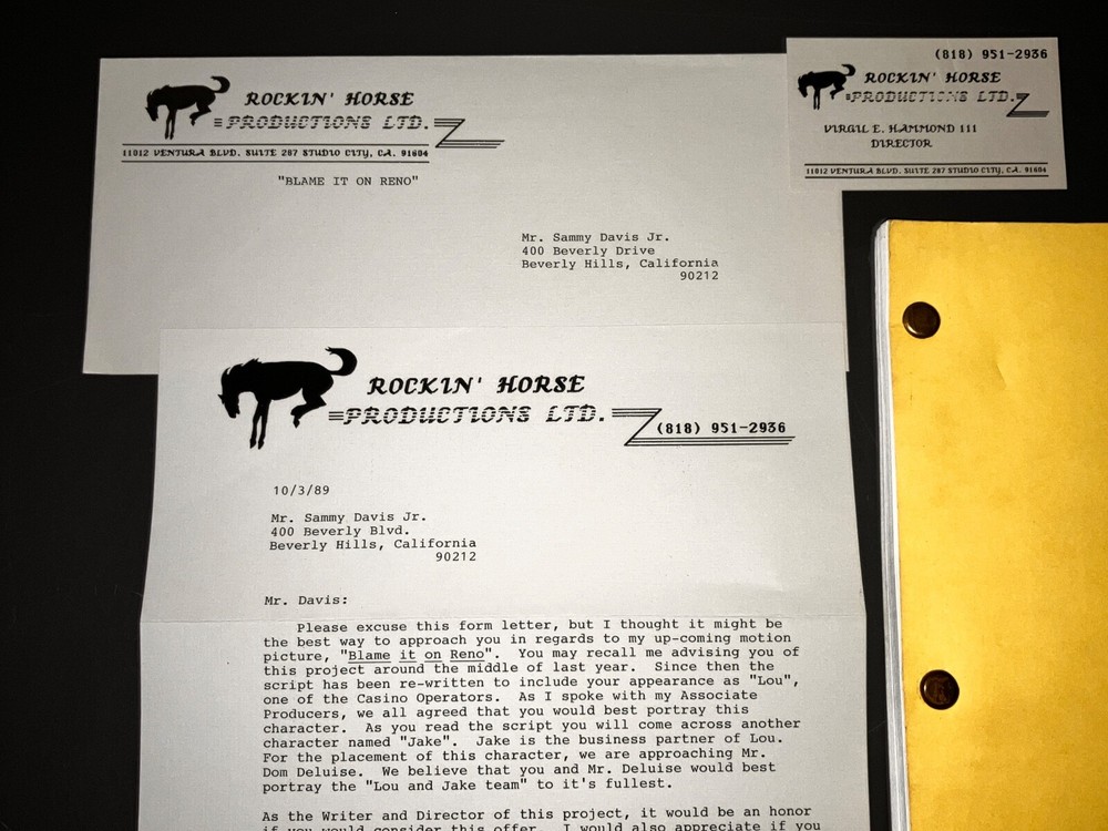 BLAME IT ON RENO (1989) Virgil Hammond / Sammy Davis Jr. Script Presentation+COA