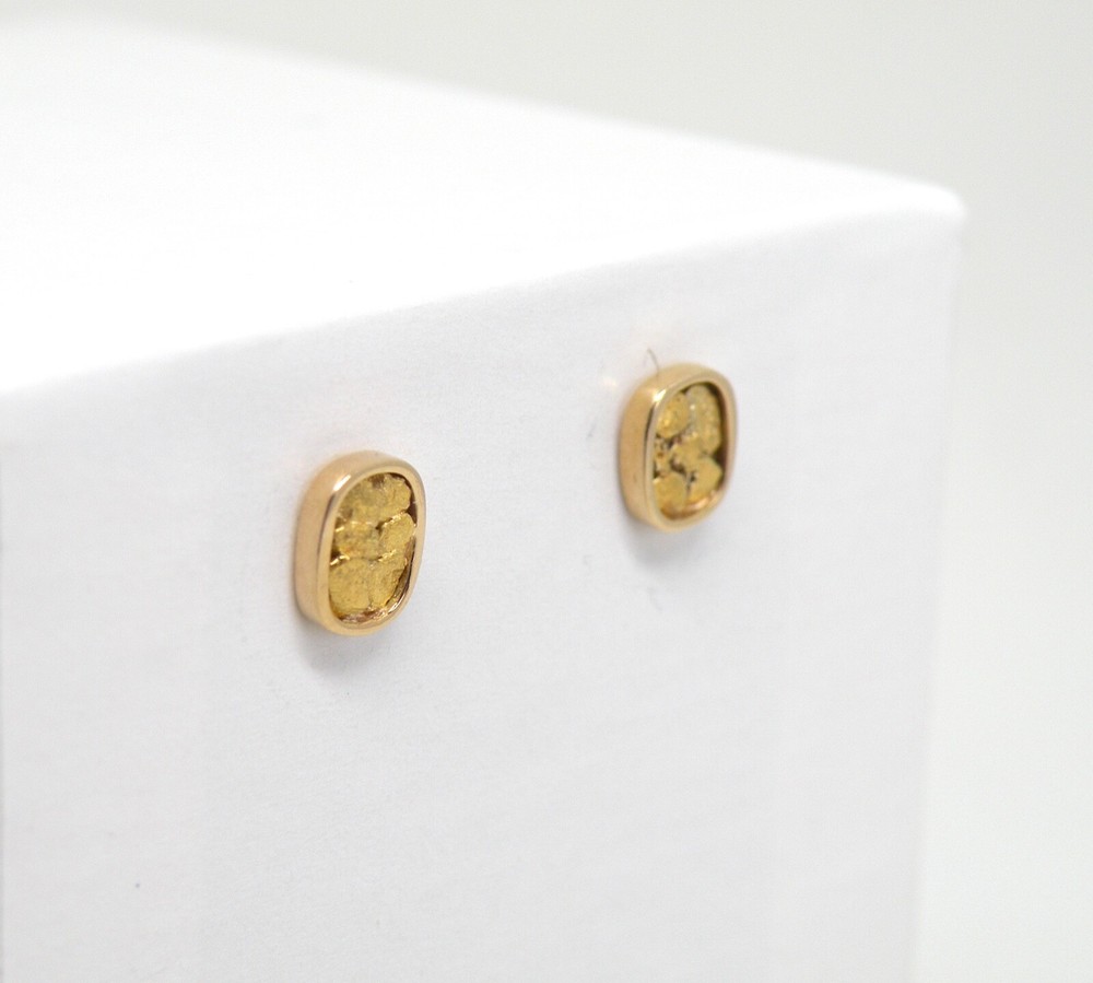 Genuine natural gold nuggets on 14k yellow gold base, small rectangular earring