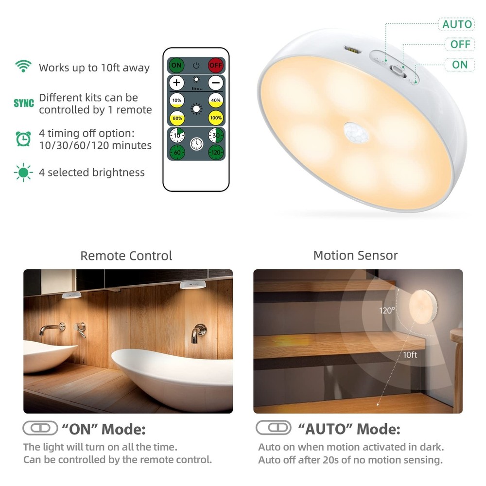 Warm Color LED Closet Lights Wireless Motion Sensor Puck Light, USB Rechargea...
