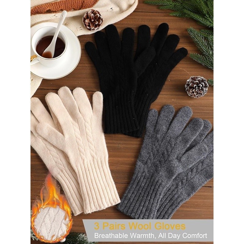 Warm Wool Gloves Touchscreen Compatible Cable Knit Ribbed Cuffs Winter Use