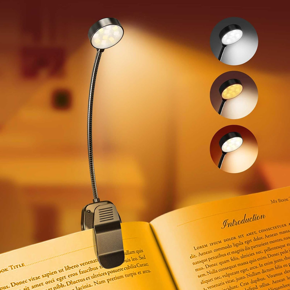 Rechargeable Book Reading Light 3 Color Temps Adjustable Brightness 30+ Hours