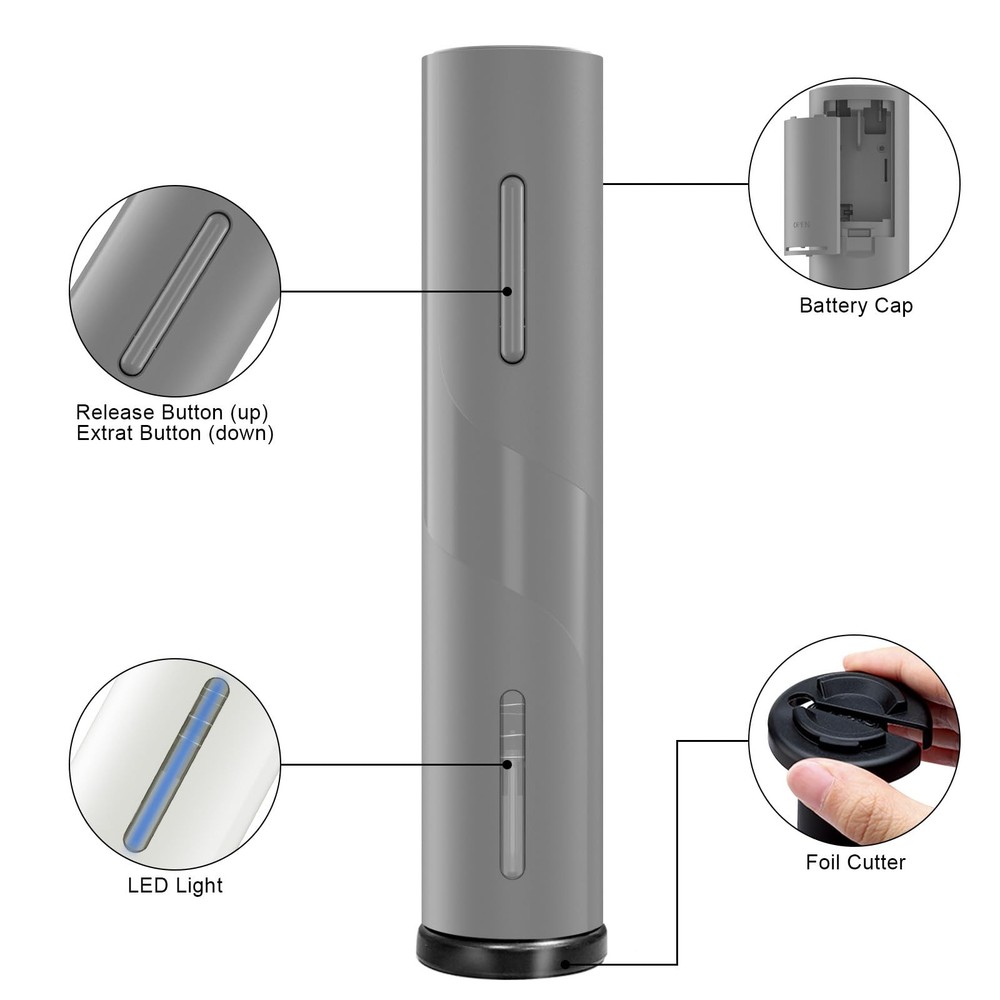 Electric Wine Opener, Automatic Operation Corkscrew, Battery Gray