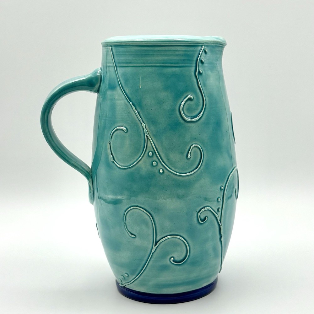 Studio Art Pottery Pitcher Signed Teal Blue Applied Scroll Decor Glossy 7.25”