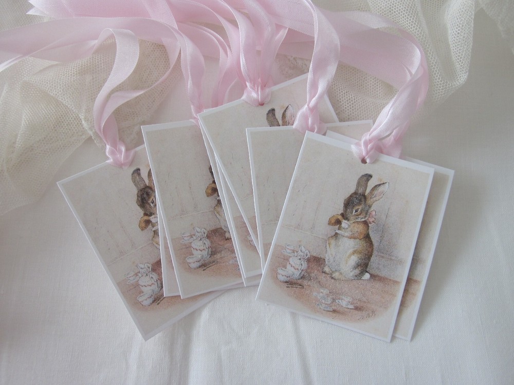 CHARMING Tea Drinking Bunny  Gift Tags Glitter 8