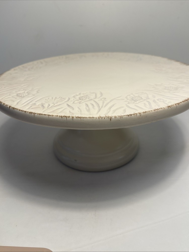 Threshold White Washed Stoneware Floral Cake Stand 11 in.