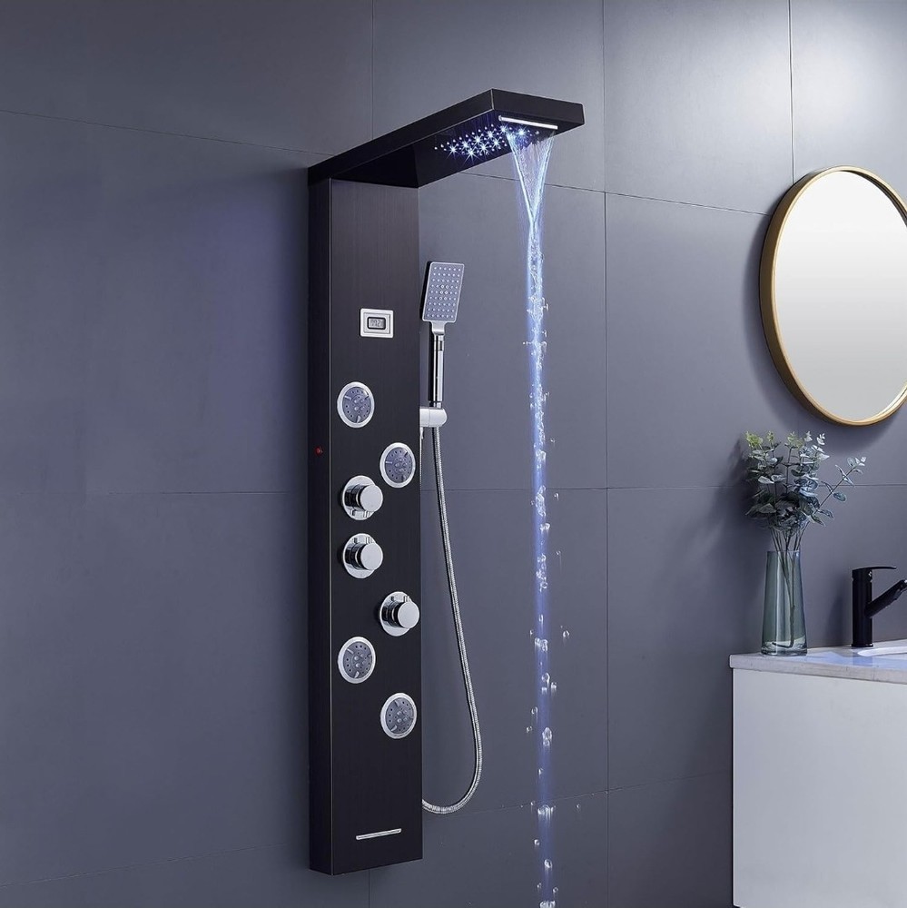 Shower Panel Tower led Black / Chrome 4 Jet, Rainfall, Handheld, 6 Function