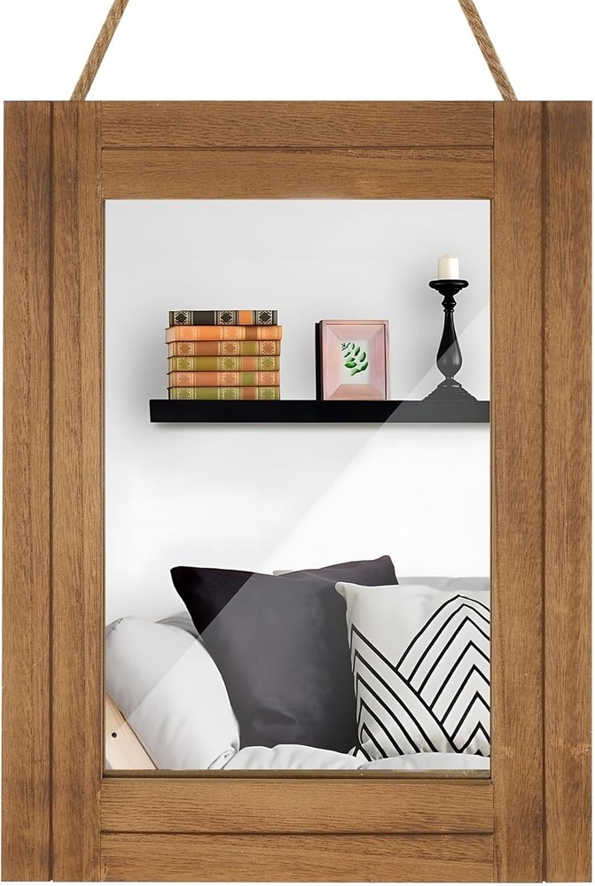 Rectangle Wall Mirror Bathroom Distressed White Wood Decor W/ Hanging Rope