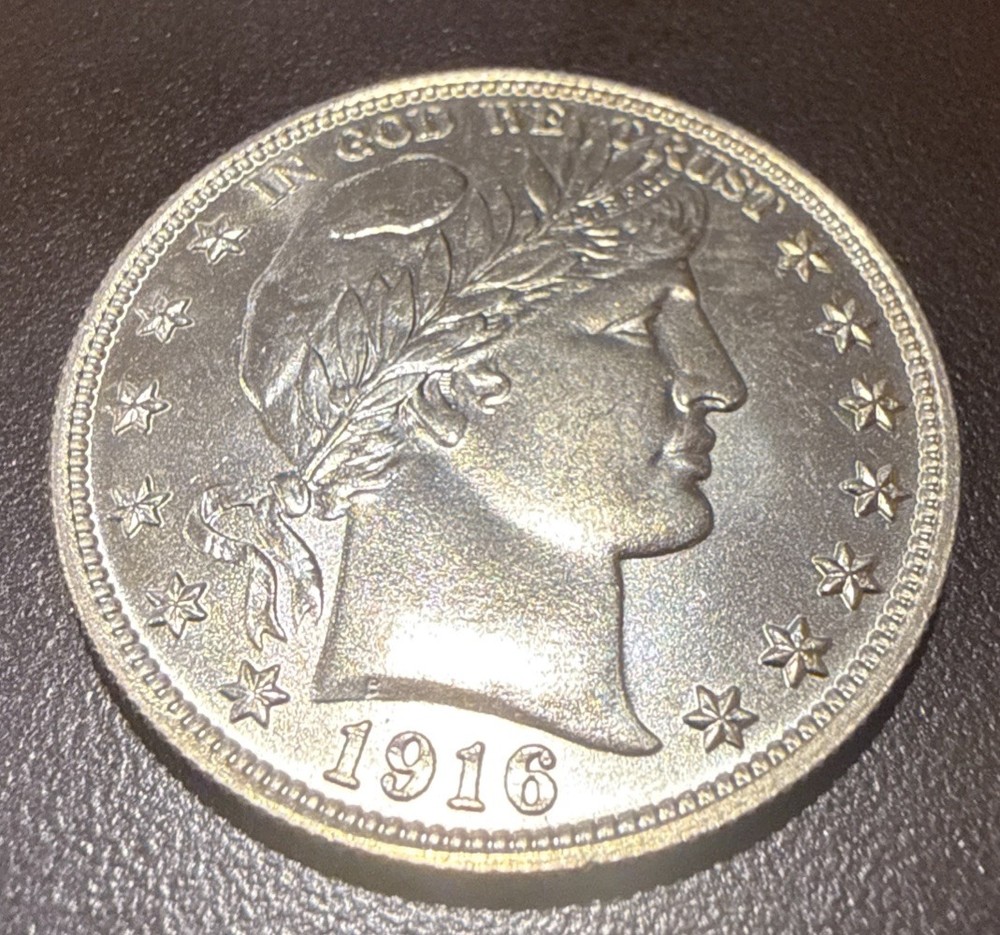 1916 Dan Carr Barber Half O/S on a Silver Barber Half- bulk Handled
